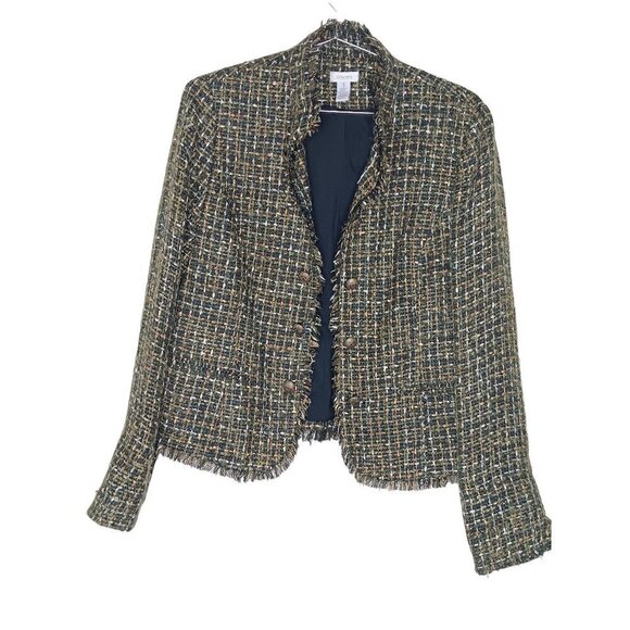 SOLD Chicos Green Metallic Tweed Long Sleeve Jacket SZ 1 Medium Button Front - Picture 1 of 14